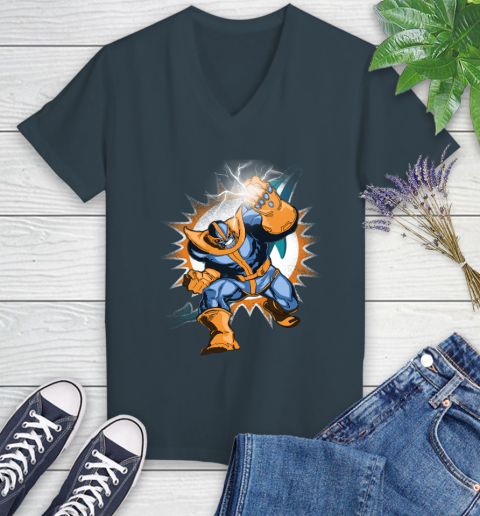 Miami Dolphins NFL Football Thanos Avengers Infinity War Marvel Women's V-Neck T-Shirt 8