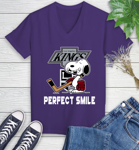 NHL Los Angeles Kings Snoopy Perfect Smile The Peanuts Movie Hockey T Shirt Women's V-Neck T-Shirt 3