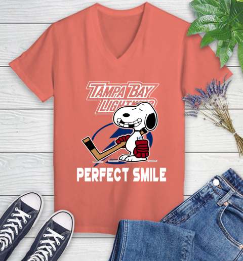 NHL Tampa Bay Lightning Snoopy Perfect Smile The Peanuts Movie Hockey T Shirt Women's V-Neck T-Shirt 6