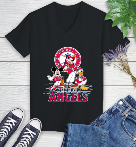 MLB Los Angeles Angels Mickey Mouse Donald Duck Goofy Baseball T Shirt Women's V-Neck T-Shirt