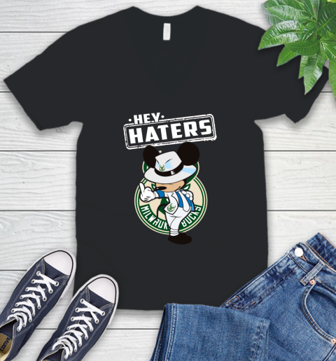 NBA Hey Haters Mickey Basketball Sports Milwaukee Bucks V-Neck T-Shirt