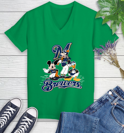 MLB Milwaukee Brewers Mickey Mouse Donald Duck Goofy Baseball T Shirt Women's V-Neck T-Shirt 5