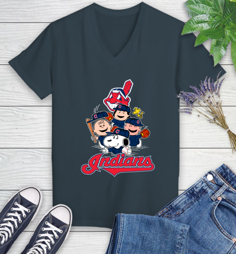 MLB Cleveland Indians Snoopy Charlie Brown Woodstock The Peanuts Movie Baseball T Shirt_000 Women's V-Neck T-Shirt 8