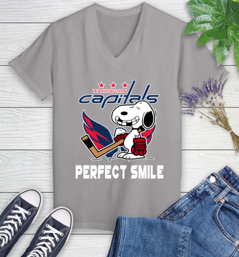 NHL Washington Capitals Snoopy Perfect Smile The Peanuts Movie Hockey T Shirt Women's V-Neck T-Shirt 4
