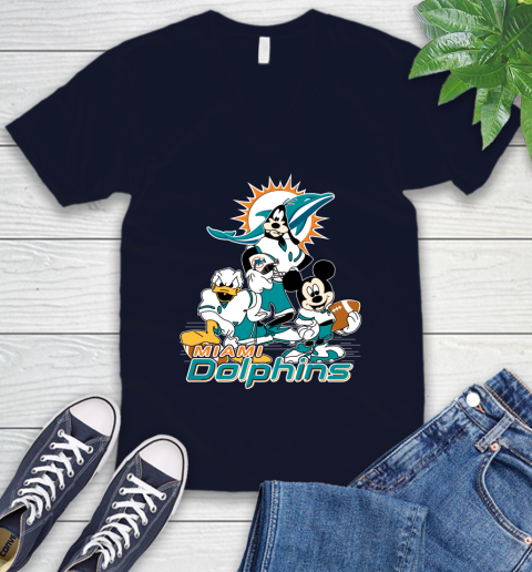 NFL Miami Dolphins Mickey Mouse Donald Duck Goofy Football Shirt V-Neck T-Shirt 2