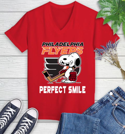 NHL Philadelphia Flyers Snoopy Perfect Smile The Peanuts Movie Hockey T Shirt Women's V-Neck T-Shirt 11