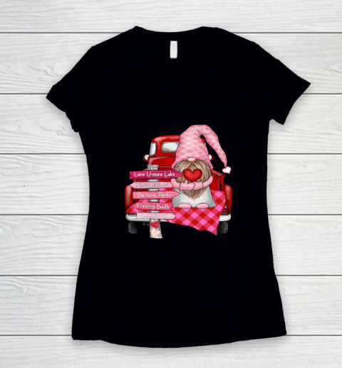 Valentine Vintage Red Truck Gnomes You And Me Valentines Day Women's V-Neck T-Shirt 1