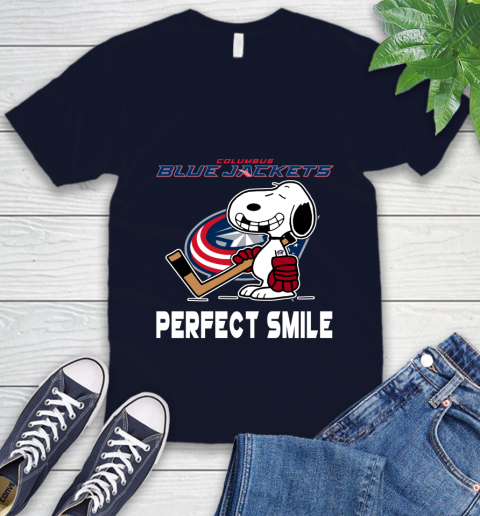 NHL Columbus Blue Jackets Snoopy Perfect Smile The Peanuts Movie Hockey T Shirt V-Neck T-Shirt 2