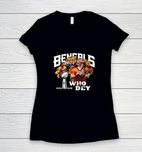 Cincinnati Bengals 9 Joe Burrow Who Dey Champion Super Bowl Signature Women's V-Neck T-Shirt