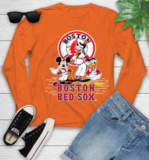 MLB Boston Red Sox Mickey Mouse Donald Duck Goofy Baseball T Shirt Youth Long Sleeve 3