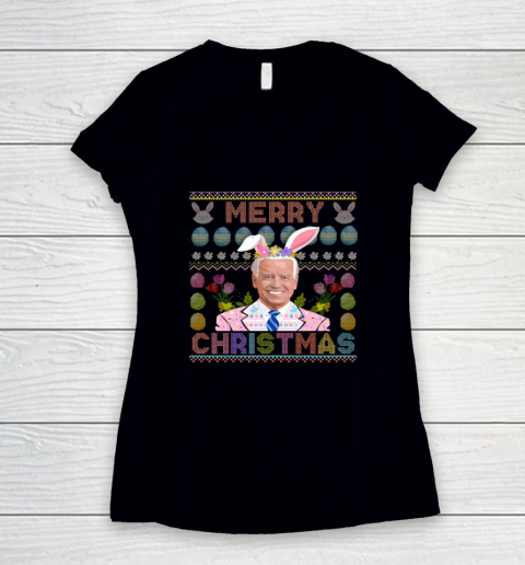 Funny Anti Joe Biden Merry Christmas Ugly Sweater Confused Easter Women's V-Neck T-Shirt