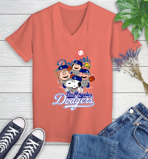 MLB Los Angeles Dodgers Snoopy Charlie Brown Woodstock The Peanuts Movie Baseball T Shirt_000 Women's V-Neck T-Shirt 6