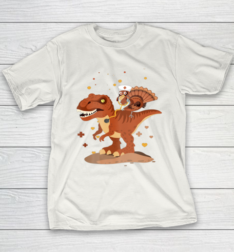 Funny Nurse Turkey Riding Dinosaur Happy Thanksgiving Youth T-Shirt