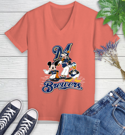 MLB Milwaukee Brewers Mickey Mouse Donald Duck Goofy Baseball T Shirt Women's V-Neck T-Shirt 6