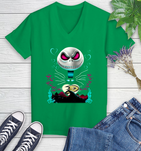 NHL Anaheim Ducks Jack Skellington Sally The Nightmare Before Christmas Hockey Women's V-Neck T-Shirt 5