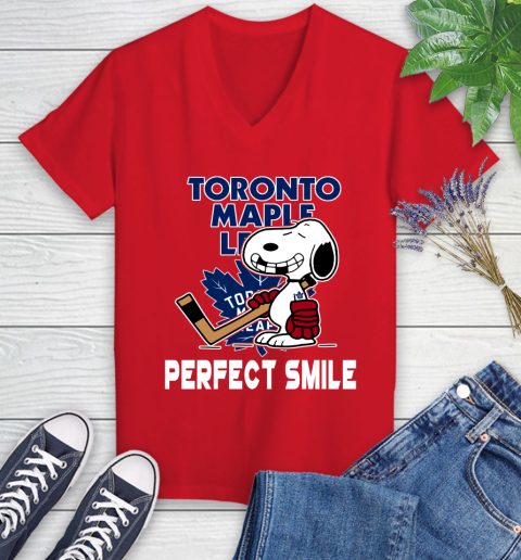 NHL Toronto Maple Leafs Snoopy Perfect Smile The Peanuts Movie Hockey T Shirt Women's V-Neck T-Shirt 11