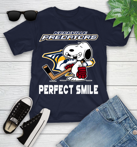 NHL Nashville Predators Snoopy Perfect Smile The Peanuts Movie Hockey T Shirt Youth T-Shirt - Image 3