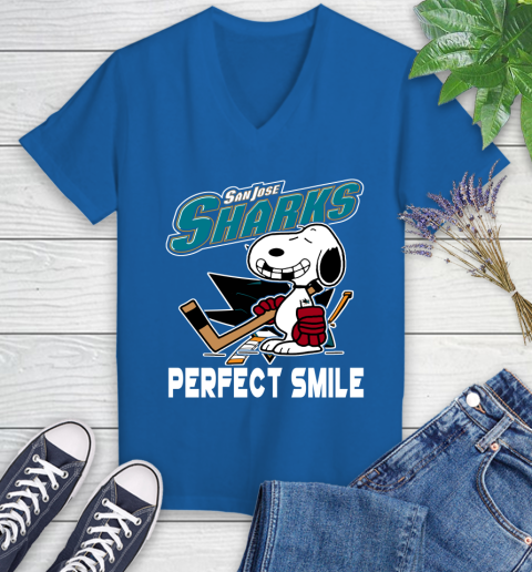 NHL San Jose Sharks Snoopy Perfect Smile The Peanuts Movie Hockey T Shirt Women's V-Neck T-Shirt 10