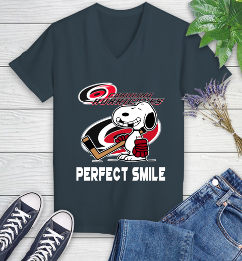 NHL Carolina Hurricanes Snoopy Perfect Smile The Peanuts Movie Hockey T Shirt Women's V-Neck T-Shirt 8