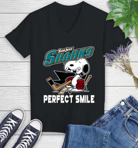 NHL San Jose Sharks Snoopy Perfect Smile The Peanuts Movie Hockey T Shirt Women's V-Neck T-Shirt