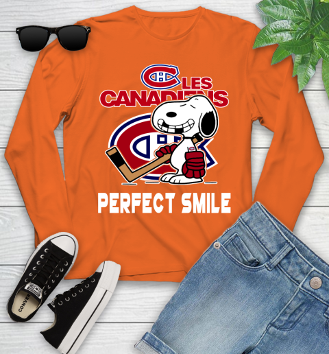 NHL Montreal Canadiens Snoopy Perfect Smile The Peanuts Movie Hockey T Shirt Youth Long Sleeve 3