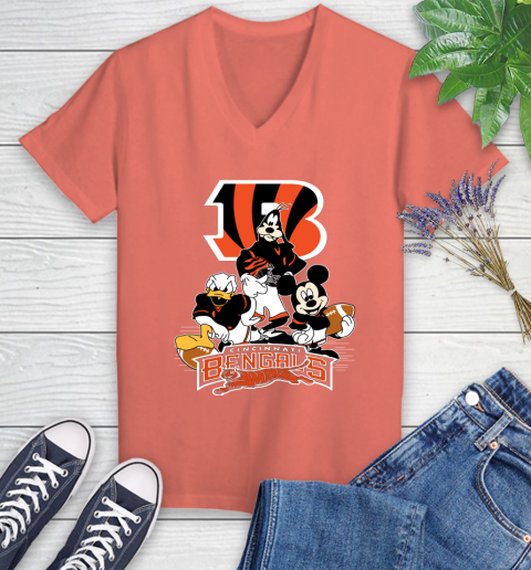 NFL Cincinnati Bengals Mickey Mouse Donald Duck Goofy Football Shirt Women's V-Neck T-Shirt 6