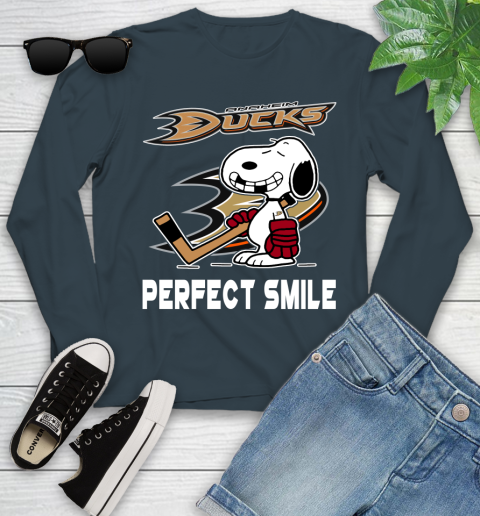 NHL Anaheim Ducks Snoopy Perfect Smile The Peanuts Movie Hockey T Shirt Youth Long Sleeve 9