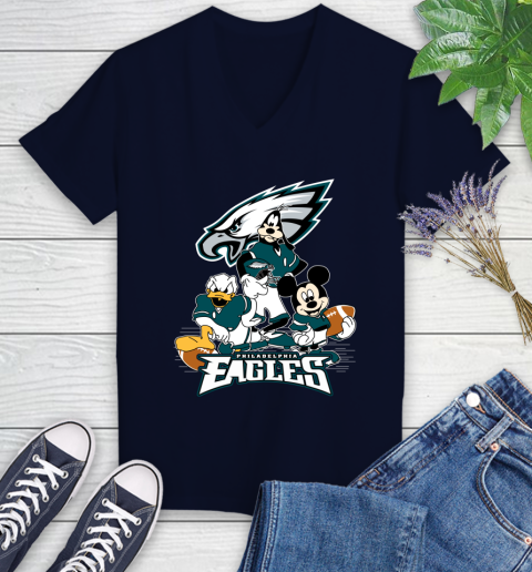 NFL Philadelphia Eagles Mickey Mouse Donald Duck Goofy Football Shirt Women's V-Neck T-Shirt 2