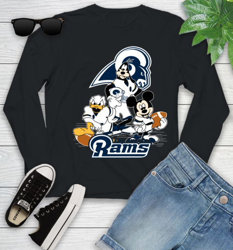 NFL Los Angeles Rams Mickey Mouse Donald Duck Goofy Football Shirt Youth Long Sleeve