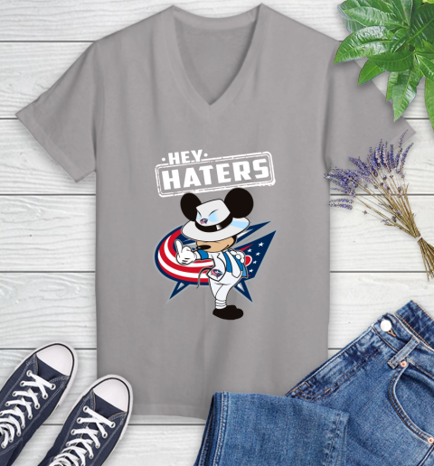 NHL Hey Haters Mickey Hockey Sports Columbus Blue Jackets Women's V-Neck T-Shirt 4