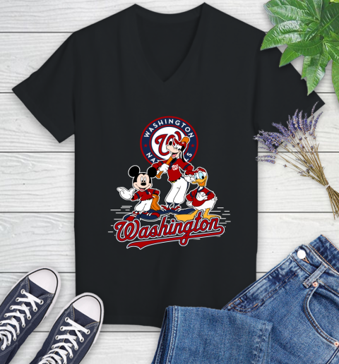 MLB Washington Nationals Mickey Mouse Donald Duck Goofy Baseball T Shirt Women's V-Neck T-Shirt