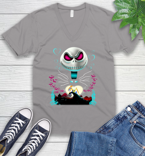 MLB Miami Marlins Jack Skellington Sally The Nightmare Before Christmas Baseball V-Neck T-Shirt 3