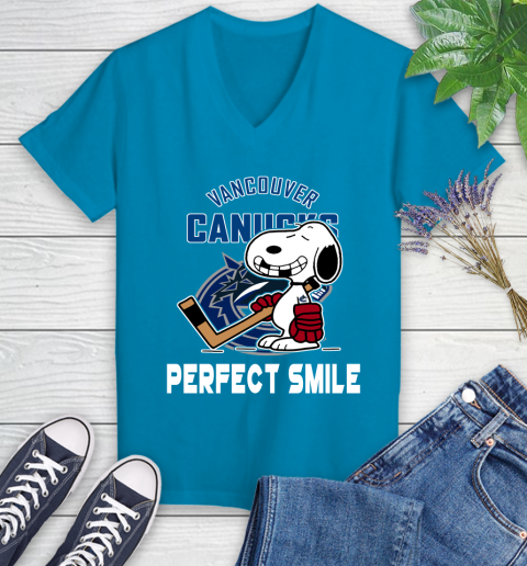 NHL Vancouver Canucks Snoopy Perfect Smile The Peanuts Movie Hockey T Shirt Women's V-Neck T-Shirt 7