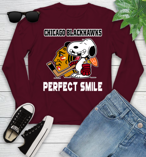 NHL Chicago Blackhawks Snoopy Perfect Smile The Peanuts Movie Hockey T Shirt Youth Long Sleeve 6