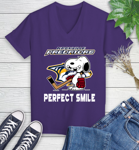 NHL Nashville Predators Snoopy Perfect Smile The Peanuts Movie Hockey T Shirt Women's V-Neck T-Shirt 3