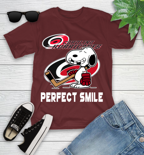 NHL Carolina Hurricanes Snoopy Perfect Smile The Peanuts Movie Hockey T Shirt Youth T-Shirt 14
