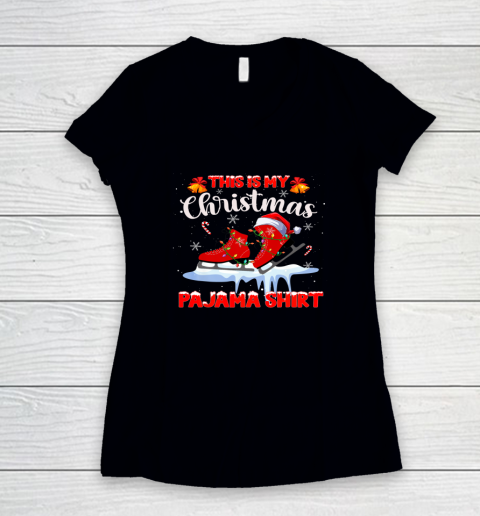 This Is My Christmas Pajama Ice Skating Santa Reindeer Light Women's V-Neck T-Shirt