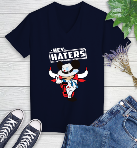 NBA Hey Haters Mickey Basketball Sports Chicago Bulls Women's V-Neck T-Shirt 2