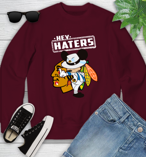 NHL Hey Haters Mickey Hockey Sports Chicago Blackhawks Youth Sweatshirt 4