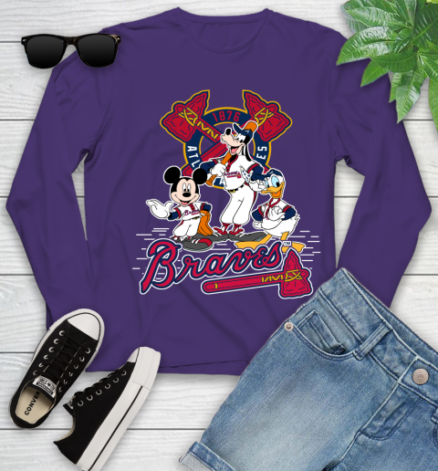 MLB Atlanta Braves Mickey Mouse Donald Duck Goofy Baseball T Shirt Youth Long Sleeve 4