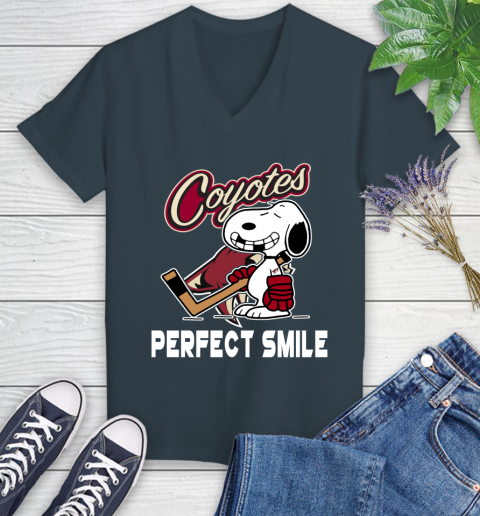 NHL Arizona Coyotes Snoopy Perfect Smile The Peanuts Movie Hockey T Shirt Women's V-Neck T-Shirt 8