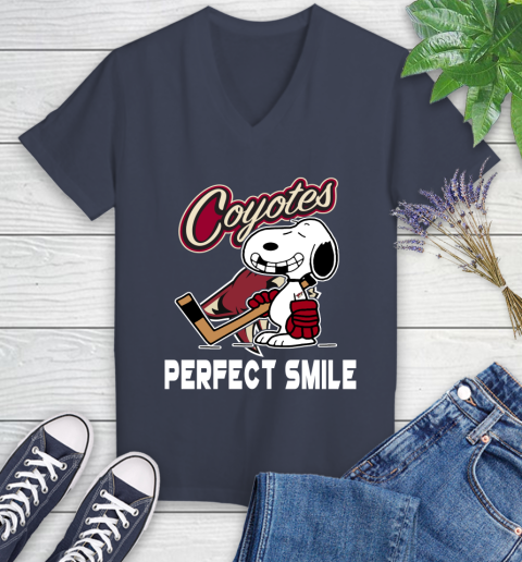 NHL Arizona Coyotes Snoopy Perfect Smile The Peanuts Movie Hockey T Shirt Women's V-Neck T-Shirt 12
