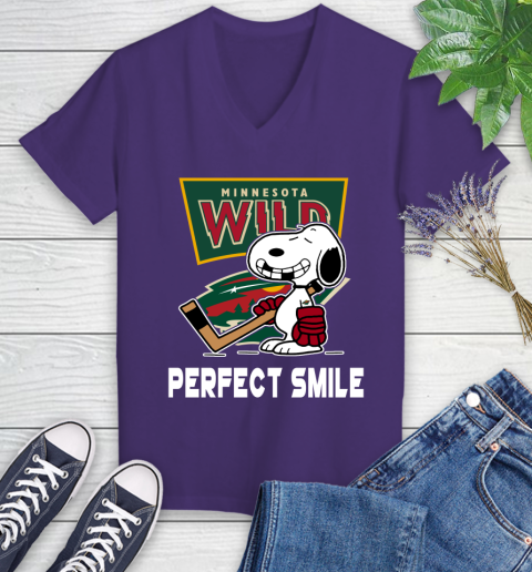 NHL Minnesota Wild Snoopy Perfect Smile The Peanuts Movie Hockey T Shirt Women's V-Neck T-Shirt 3