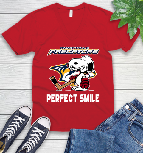 NHL Nashville Predators Snoopy Perfect Smile The Peanuts Movie Hockey T Shirt V-Neck T-Shirt 6
