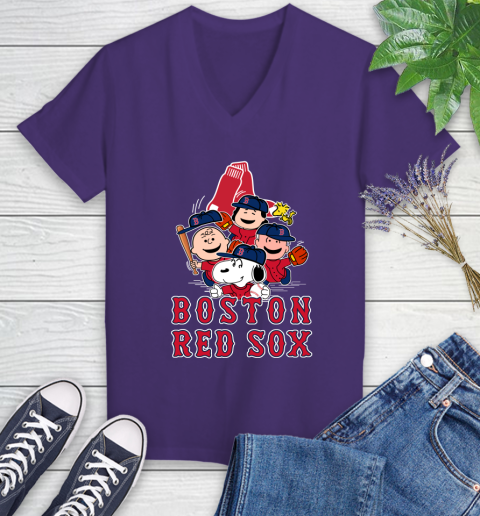MLB Boston Red Sox Snoopy Charlie Brown Woodstock The Peanuts Movie Baseball T Shirt Women's V-Neck T-Shirt 3