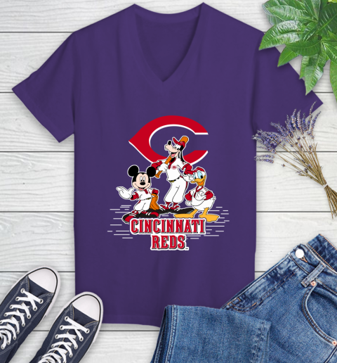 MLB Cincinnati Reds Mickey Mouse Donald Duck Goofy Baseball T Shirt Women's V-Neck T-Shirt 3