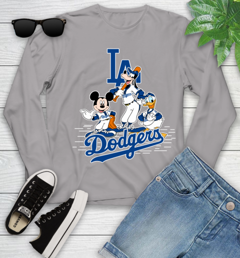 MLB Los Angeles Dodgers Mickey Mouse Donald Duck Goofy Baseball T Shirt Youth Long Sleeve 5