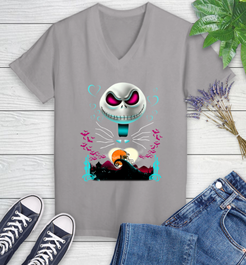 NFL Cleveland Browns Jack Skellington Sally The Nightmare Before Christmas Football Women's V-Neck T-Shirt 4