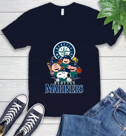 MLB Seattle Mariners Snoopy Charlie Brown Woodstock The Peanuts Movie Baseball T Shirt_000 V-Neck T-Shirt 2