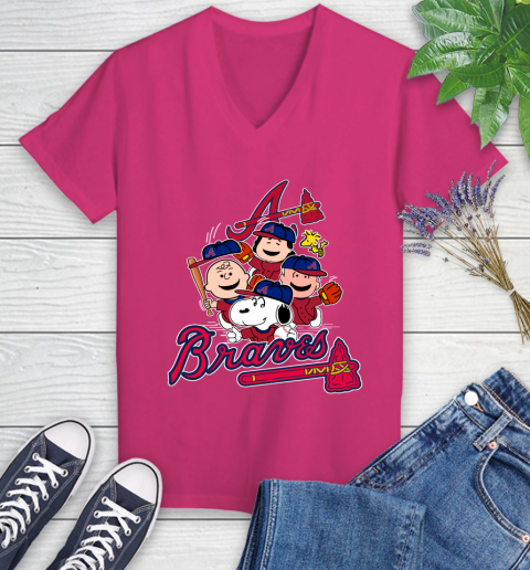 MLB Atlanta Braves Snoopy Charlie Brown Woodstock The Peanuts Movie Baseball T Shirt Women's V-Neck T-Shirt 9